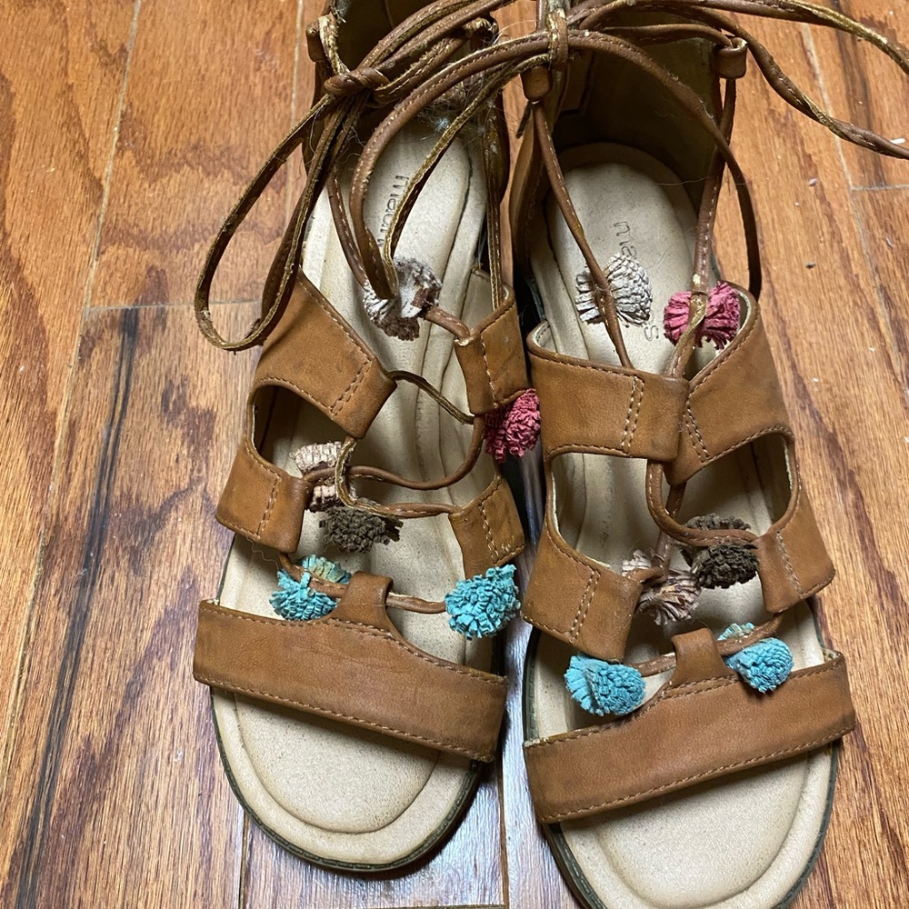 Maurices chunky heeled sandals with pom poms